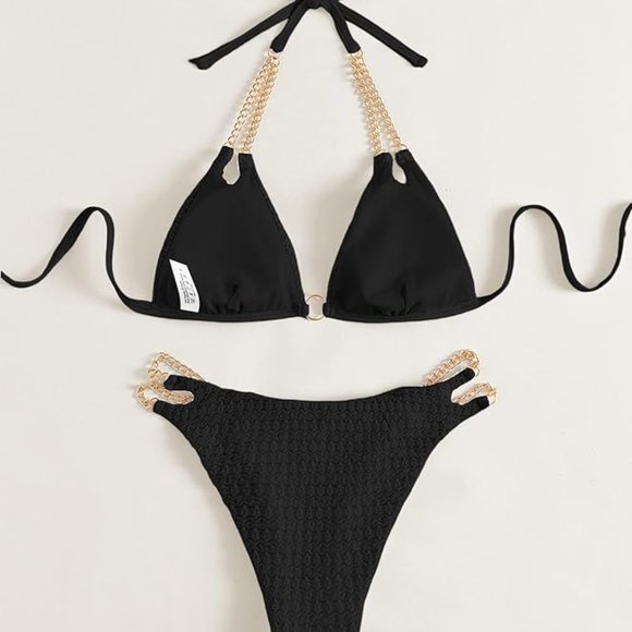 Micro triangle bikini set cut out black chain - Picture 3 of 5